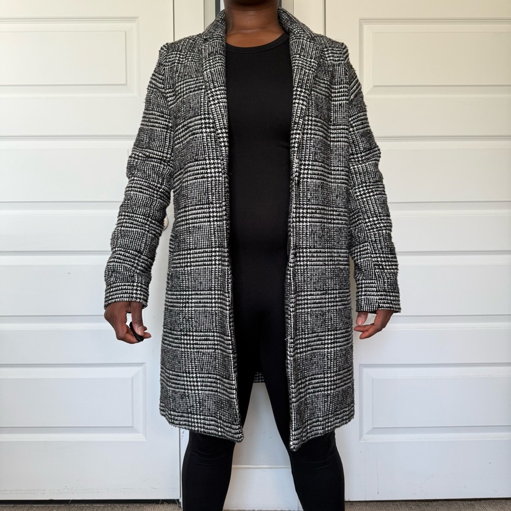 Black and White Plaid Wool Blend Coat